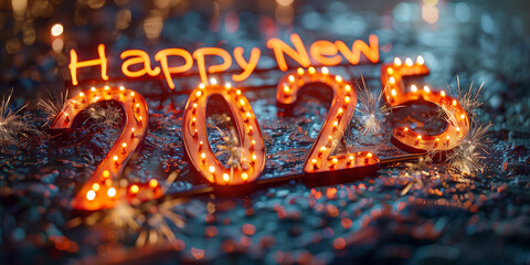 A bright Happy New Year 2025 card with twinkling lights and sparkles