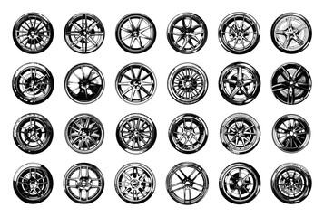 Sports Car Rims. Doodle Style Hand-Drawn Simple Black Icons Set. Wheel, Tire, Rim, Alloy, Vehicle, Auto, Car, Automobile, Motor, Race, Speed, Transportation, Sporty, Sketch, Drawing, Graphic, Design
