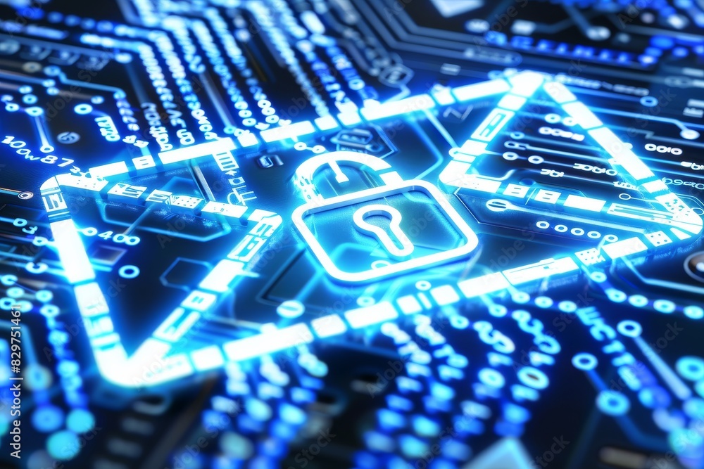 Poster glowing padlock with network connections, symbolizing digital security, data protection, and advance