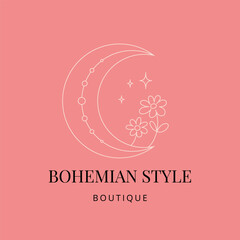 Linear bohemian moon logo with flowers, abstract design for decoration in modern minimalist style. Vector illustration