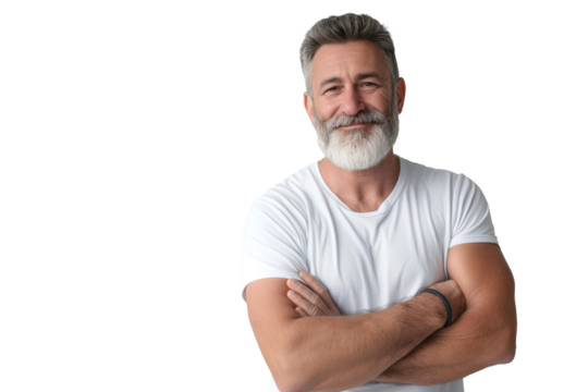 Middle-Aged Man in White T-Shirt Smiling on White Background - Powered by Adobe