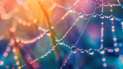 A macro shot of water droplets on a spider's web, glistening like diamonds in the soft morning light.