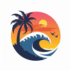 Sunset With Palm Tree and Wave