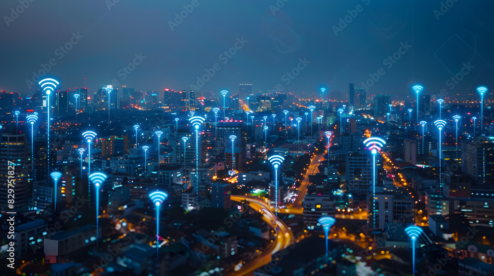Poster modern city with wireless network connection and city scape concept.wireless network and connection 