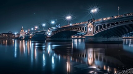 Obraz premium A majestic bridge at night with streetlights illuminating its structure, casting long reflections on the river.