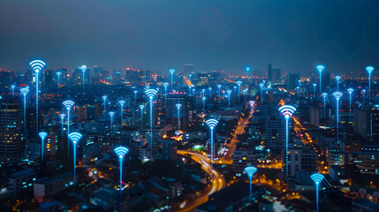 Modern city with wireless network connection and city scape concept.Wireless network and Connection technology concept with city background at night