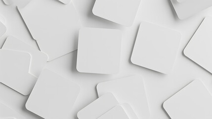 3d render, abstract white geometric background, minimal flat lay, twisted deck of square blank cards with rounded corners. Generative AI.