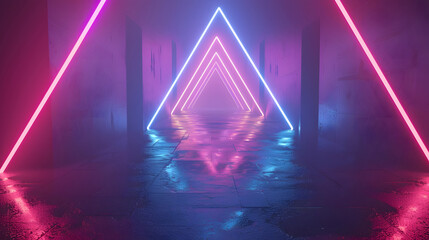 3d render. Geometric figure in neon light against a dark tunnel. Laser glow. Generative AI.