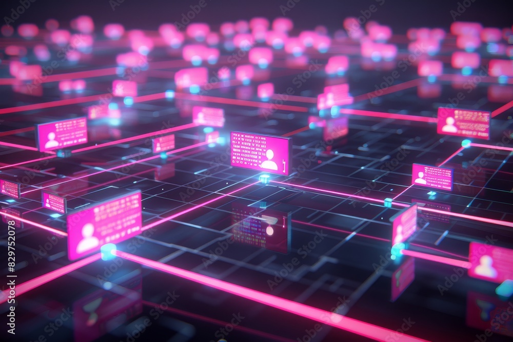 Poster cyber network showcasing interconnected digital nodes with vibrant pink highlights, emphasizing data