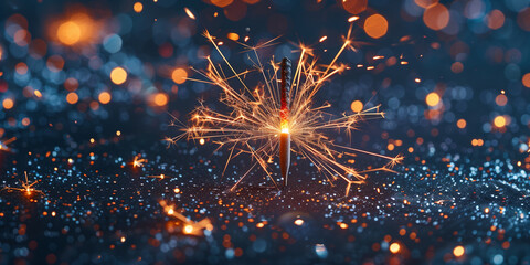 A sparkler illuminating the darkness with a glowing ember Happy New Year  - Powered by Adobe