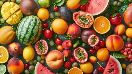 Imagen de muchas frutas juntas que llenan toda la imagen: sandía, melocotón, limón, maracuyá, cereza, mandarina y mango, junto con una vista superior.
