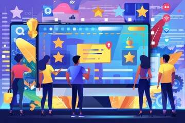 Collaborative team working on cybersecurity strategy with colorful digital interfaces, emphasizing teamwork and data protection.