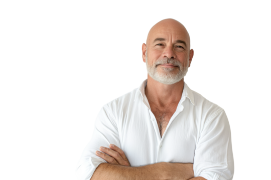Bald Middle-Aged Man in White Shirt Smiling on White Background