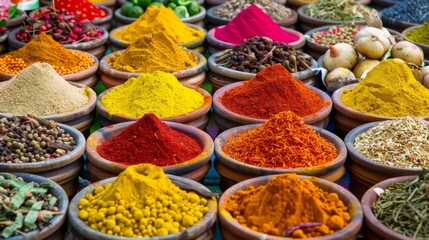 A market stall displaying a variety of fresh Indian spices in vibrant colors, neatly arranged in bowls.