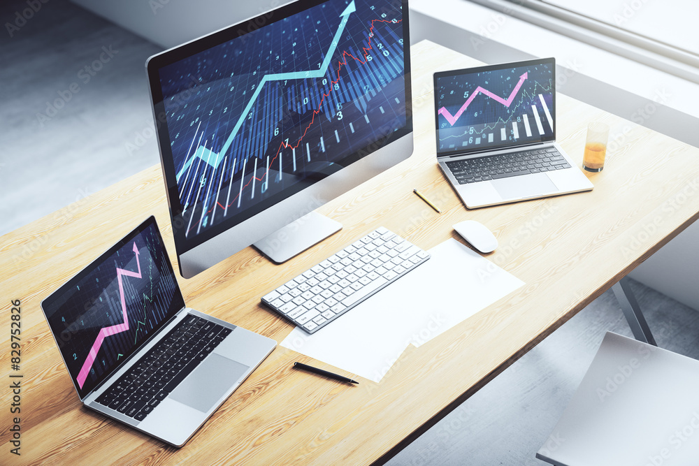 Poster Modern computer display with abstract financial graph and upward arrow, financial and trading concept. 3D Rendering