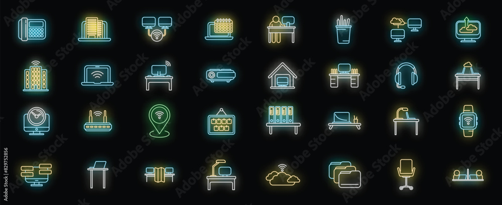 Poster smart office space icons set outline vector. computer data. digital device neon color on black