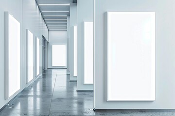 Bright gallery with rhythmic visual flow using vertical blank posters of alternating sizes.