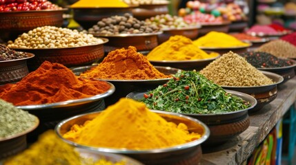 A market stall displaying a variety of fresh Indian spices in vibrant colors, neatly arranged in bowls.