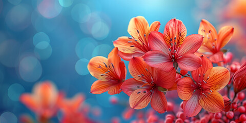 Bunch of vibrant red and yellow flowers set against a blue background