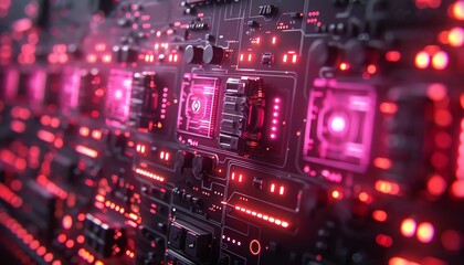 Close up of a futuristic circuit board with glowing red lights.