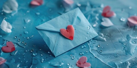 A blue envelope with a heart on it is sitting on a blue surface. The heart is surrounded by other hearts, creating a romantic and sentimental atmosphere