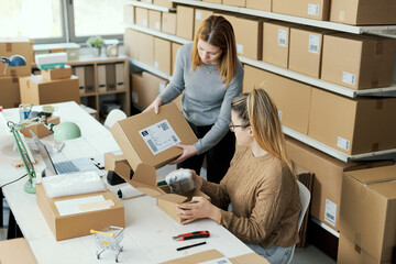 Shipping clerk showing a box to her colleague