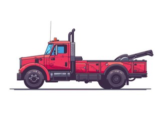 Fototapeta premium A red tow truck with a yellow light on top. The truck is parked on a white background