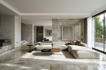 Interior design. Computer Generated Image Of Modern apartment living room. Architectural Visualization. 3D Render.
