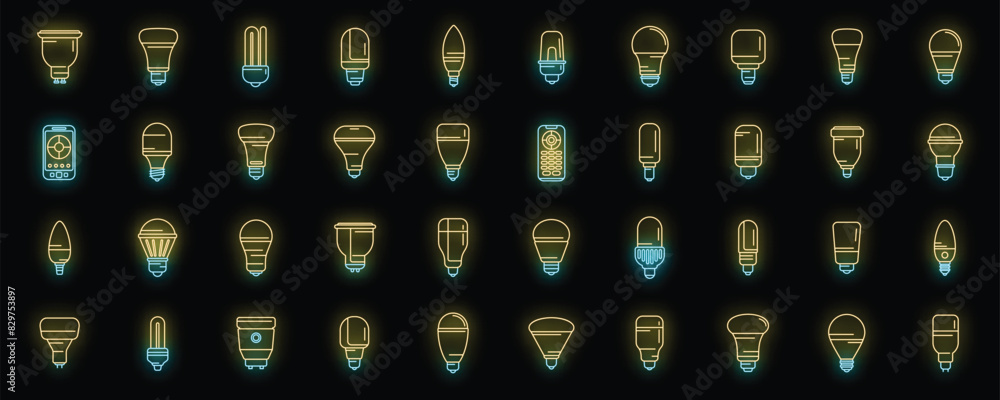 Poster Smart lightbulb icons set outline vector. Brain think. Idea mind neon color on black