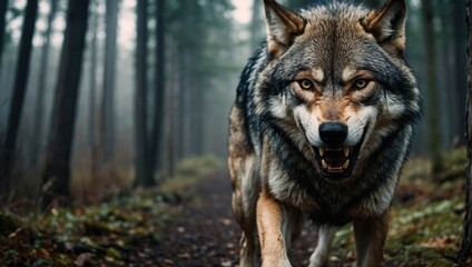 Obraz premium Angry lone wolf walking alone in a forest path, showing teeth, front face ready to attack