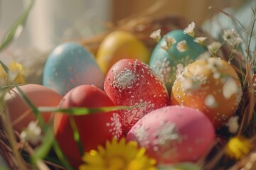 Fototapeta premium A basket of Easter eggs with a yellow flower in the background. The eggs are of different colors and sizes, and they are decorated with glitter. The basket is placed on a table