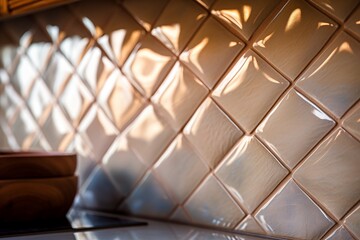 Close-up of textured ceramic tiles forming a decorative backsplash in a kitchen. 