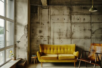 A yellow couch sits in front of a wall with a window. The room has a modern, minimalist feel with a few decorative elements such as a potted plant and a vase