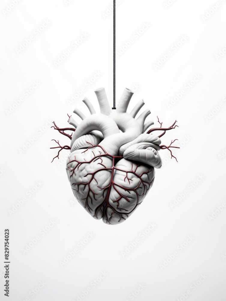 Poster a heart with red veins is suspended from a string