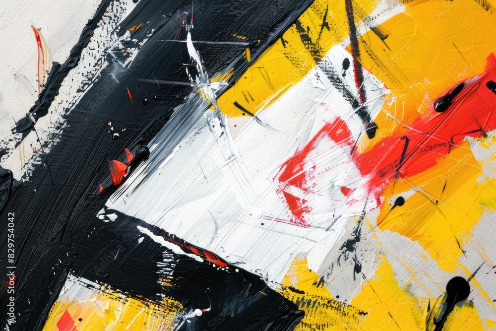 Poster A painting with black and white and red splatters. The splatters are in the shape of a triangle