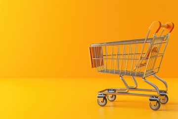 A shopping cart is on a yellow background. The cart is silver and orange