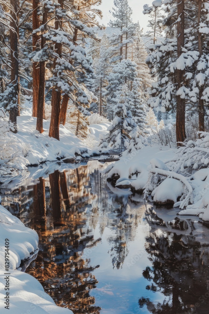 Poster a snowy forest with a stream running through it. the water is calm and the snow is covering the tree
