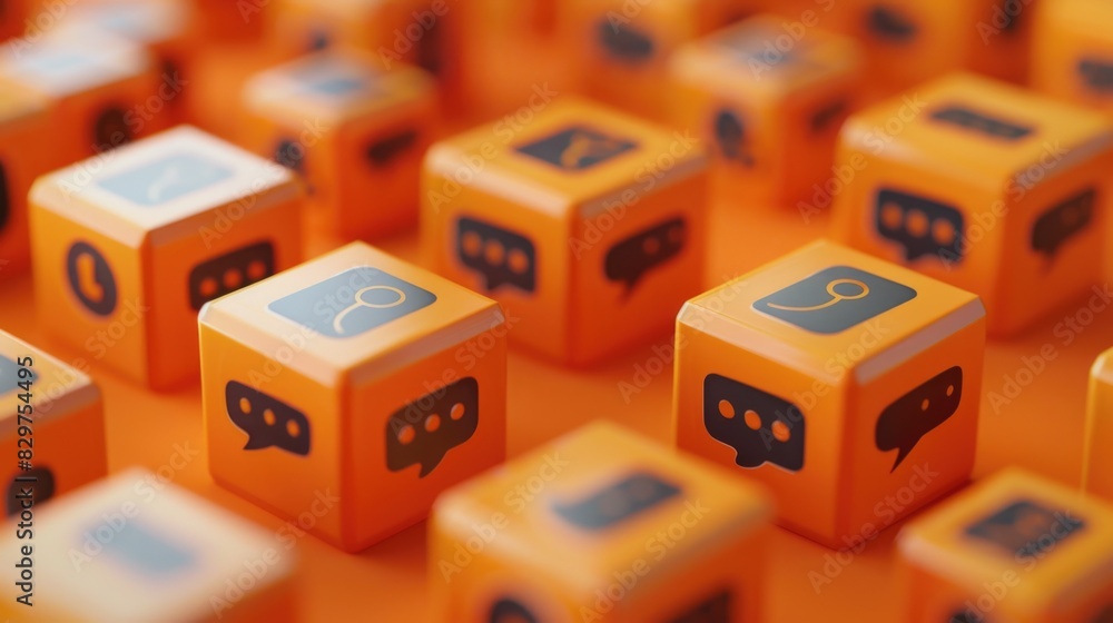Poster a row of orange cubes with various symbols on them, including a search icon. the cubes are arranged 