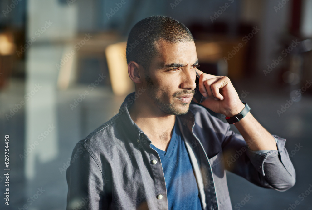 Poster phone call, solution or man in startup thinking of ideas, conversation or deal communication. script