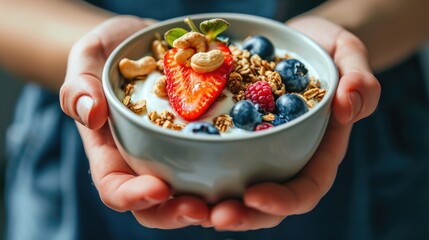 A person is holding a bowl of fruit and yogurt. The bowl contains strawberries, blueberries, and nuts - Powered by Adobe