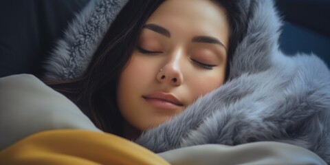 A woman is sleeping with a fur blanket over her head. She has a nose ring and her eyes are closed