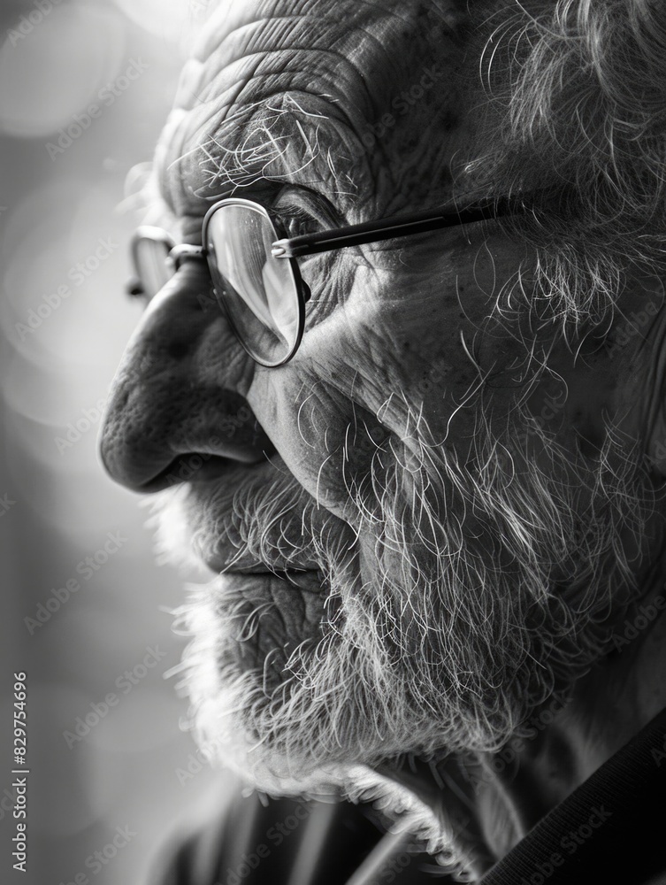 Poster a man with glasses and a beard is looking at the camera. the image has a nostalgic and contemplative
