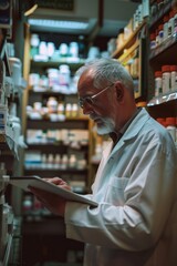 Fototapeta premium A man in a white lab coat is looking at a tablet while standing in a pharmacy. He is focused on the tablet, possibly checking for information or instructions
