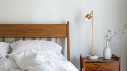 A minimalist bedroom with a simple bedframe, white bedding, and a single, stylish lamp on a small bedside table.