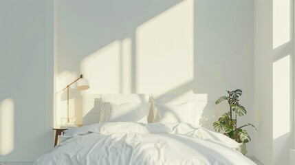 A minimalist bedroom with a simple bedframe, white bedding, and a single, stylish lamp on a small bedside table.
