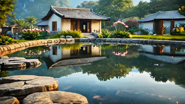 a view of the pond in the morning with beautiful rocks.