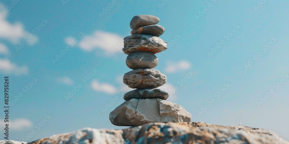 Poster a stack of rocks on top of a rock. the rocks are stacked in a pyramid shape. the sky is blue and the