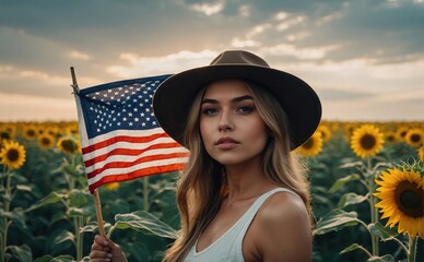 Beautiful girl in hat with the American flag in a sunflower field