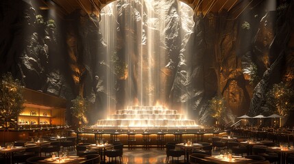 A grand, mystical dining space with a cascading waterfall and golden lighting.