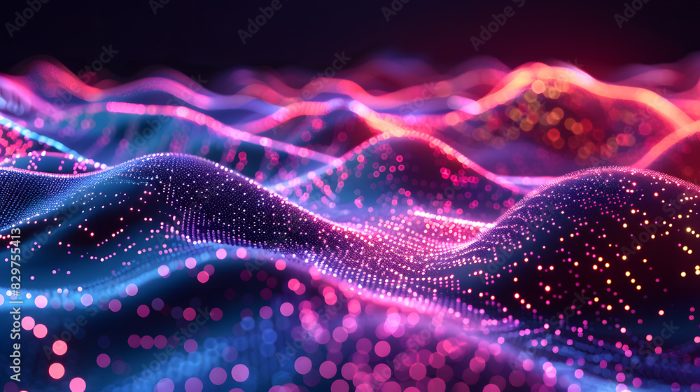 Aufkleber abstract wave with moving dots and lines. flow of particles. cyber technology illustration. 3d rende